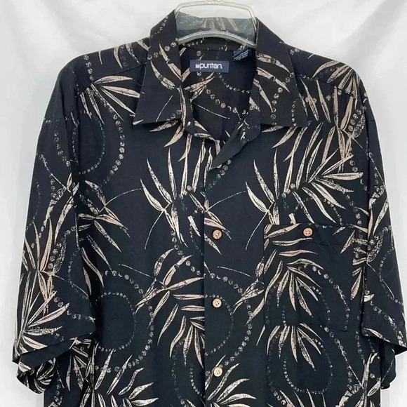 Puritan Men’s Tropical Shirt XL Black Tan Palm Leaves Short Sleeve Button Down - Picture 2 of 8